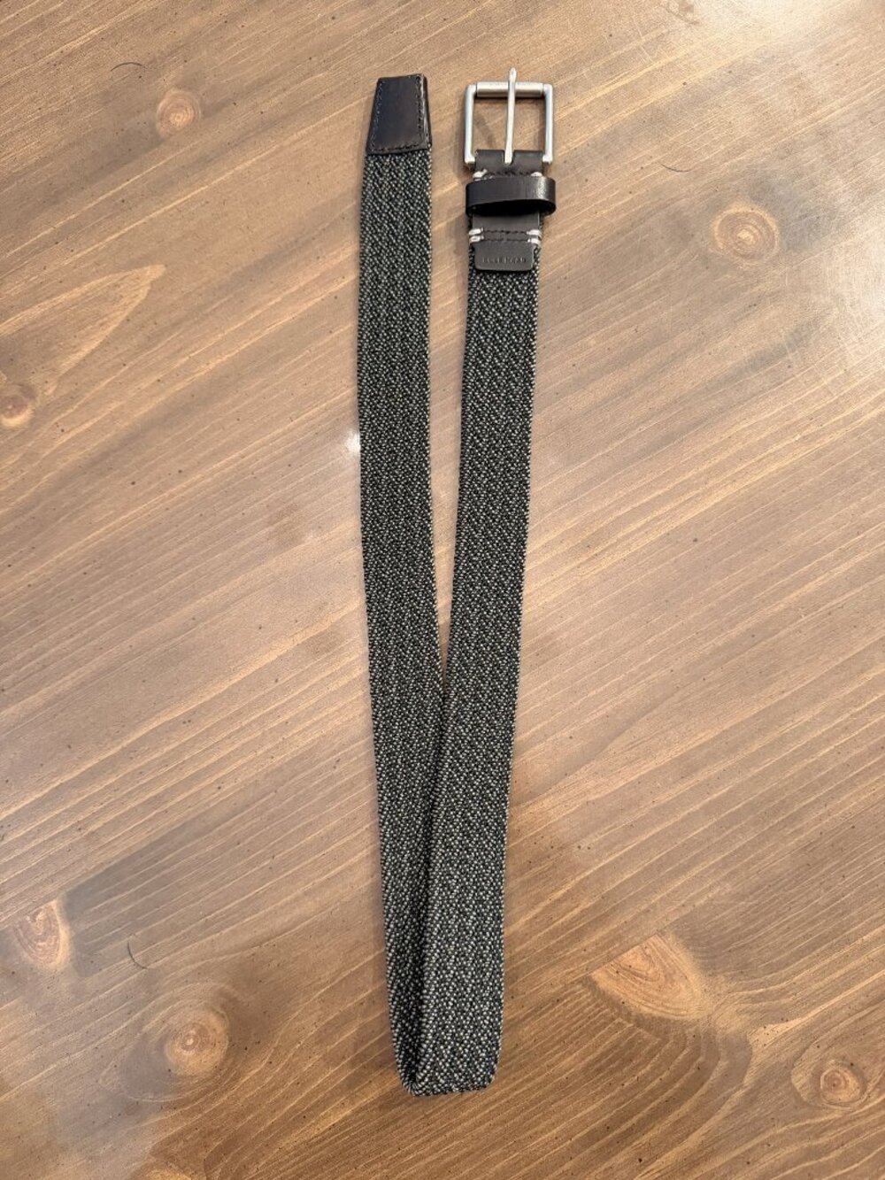 Cole Haan Stretch Woven Belt S Gray Charcoal Braided with Brown Leather Trim